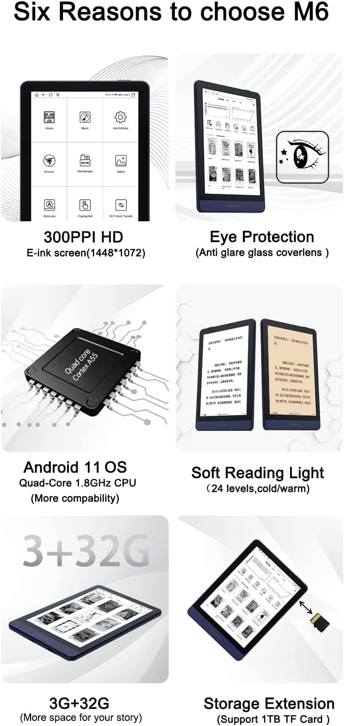 Meebook E-Reader M6 | 6' Eink Carta Screen 300PPI | Adjustable Smart Light | Android 11 | Ouad Core Processor | Audio Books|Support Google Play Store | 3GB+32GB Storage | Micro-SD Slot | Purple