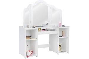 GOFLAME Kids Vanity Table, 2 in 1 Detachable Design with Dressing Table and Writing Desk, Princess Style, White MDF and Plastic Mirror, 42"×16"×46" (L×W×H), 2 Oversized Shelves, 3-Panel Mirror