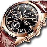 Watches for Men,Chronograph Analog Quartz Wrist Watch Waterproof Casual Luminous Sports Stop Dress Watch Fashion Leather Strap Clock Gold Black Brown