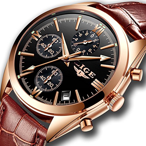 Watches for Men,Chronograph Analog Quartz Wrist Watch Waterproof Casual Luminous Sports Stop Dress Watch Fashion Leather Strap Clock Gold Black Brown
