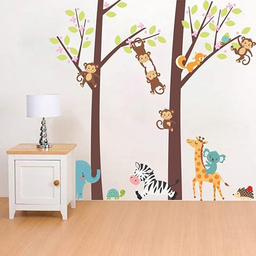 Bosque mono elefante jirafa árbol pegatinas de pared para niños dibujos