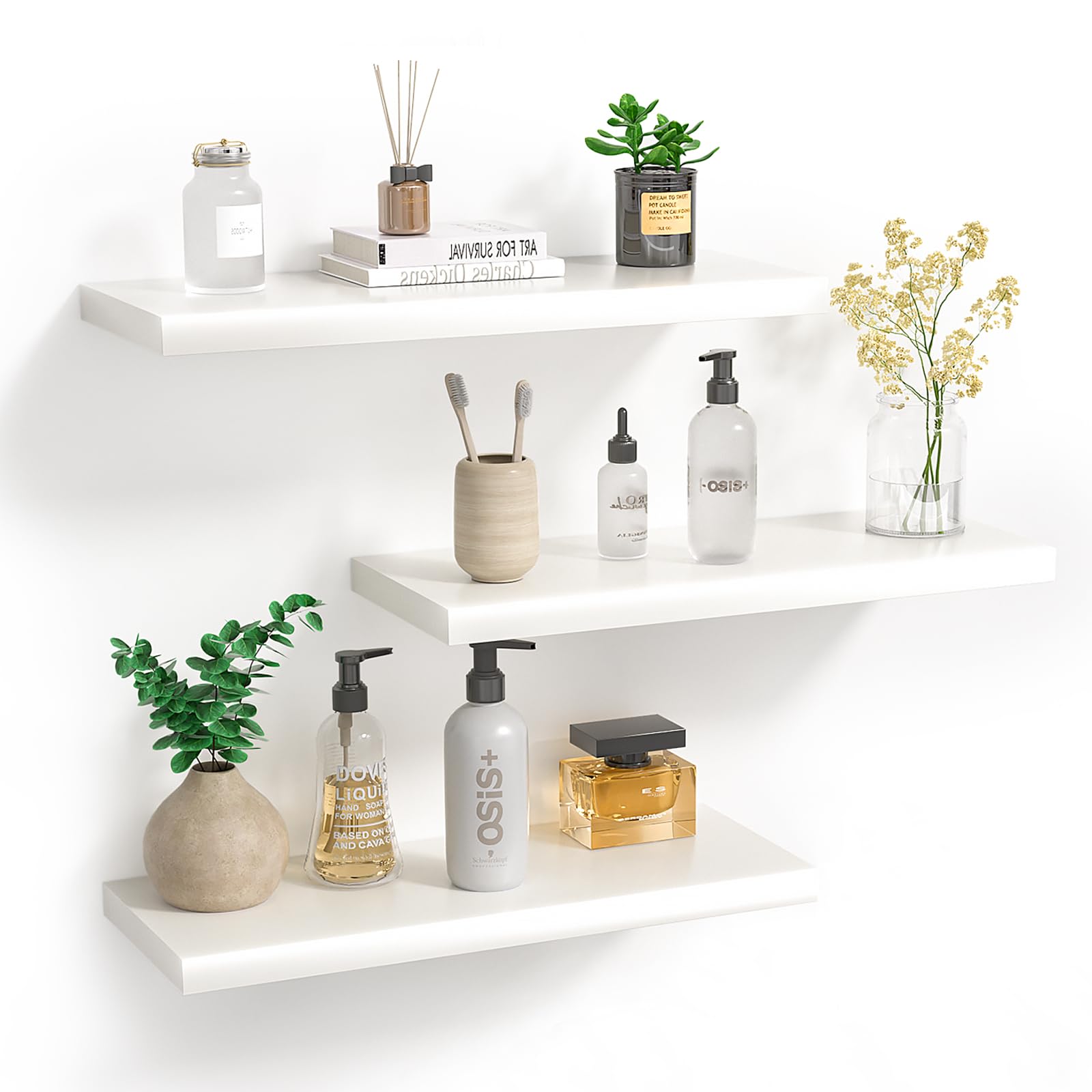 BHFOW White Floating Shelves for Wall,Invisible Wall Mounted Shelf Set of 3,White Shelves for Bathroom,Bedroom,Living Room and Kitchen Decoration Storage and Display.
