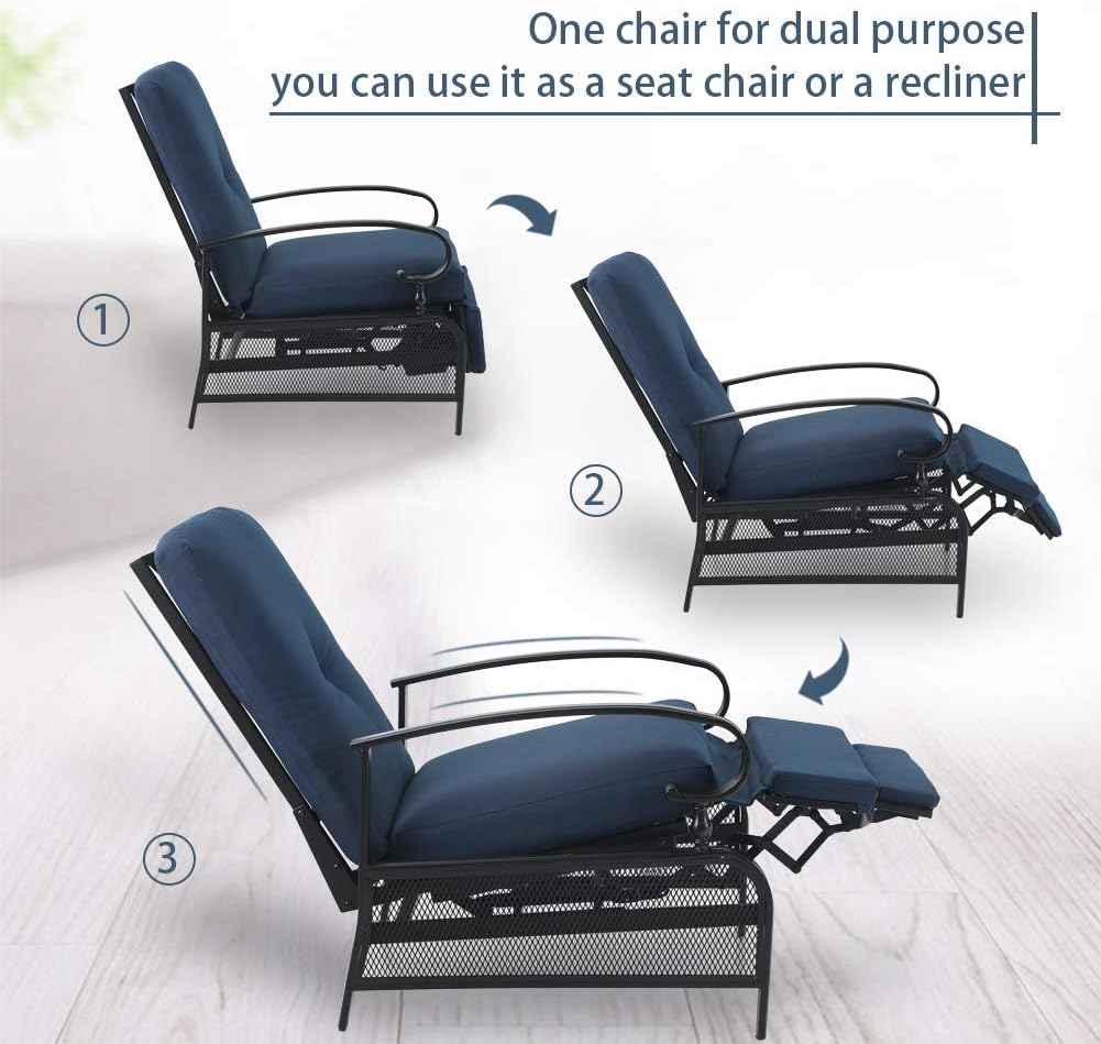 PHI VILLA Patio Adjustable Lounge Chairs Outdoor Metal Relaxing Recliner Sofa Chair with 5" Removable Cushions, Blue: Kitchen & Dining