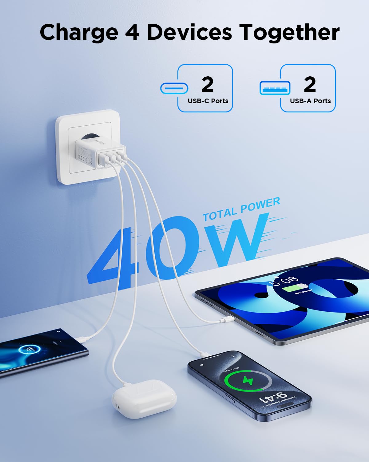 USB C Ladegerät, 40W 4-Port USBC Stecker Mehrfach Ladegerät mit PD+QC, Schnellladegerät Adapter USB-C Charger Ladestecker USB Schnellladen Netzteil für iPhone 16 15 14 13 12 11 Pro Max, Samsung,Handys 3