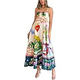 Beaufident Women Spaghetti Strap Maxi Dress Colorful A Line Swing Long Smocked Picnic Dress Boho Beach Vacation Sundress