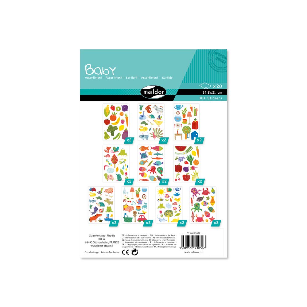 Maildor - Ref AE056O - Baby Stickers (Pack of 20 Sheets) - 21 x 14.8cm - Mixed Designs - 304 Stickers Total, Brightly Coloured, Suitable for Children Aged 2+