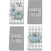 Artoid Mode Grey Eucalyptus Leaves Hello Pumpkin Fall Kitchen Towels Dish Towels, 18x26 Inch Farmhouse Give Thanks Decoration Hand Towels Set of 4