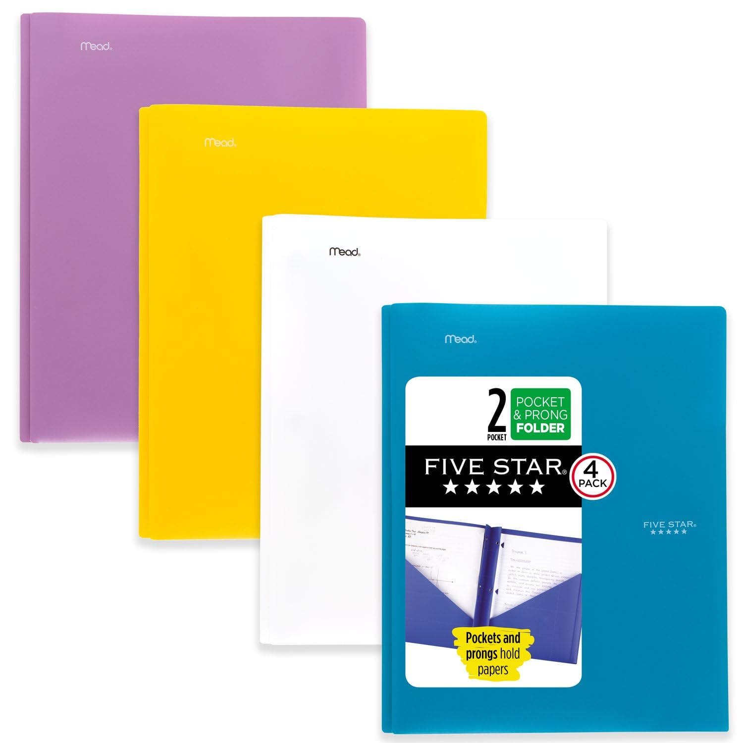 Five Star 2 Pocket Folders, 4 Pack, Plastic Folders with Prong Fasteners, Holds 11” x 8-1/2”, Tidewater Blue, White, Amethyst Purple, Harvest Yellow (38136)