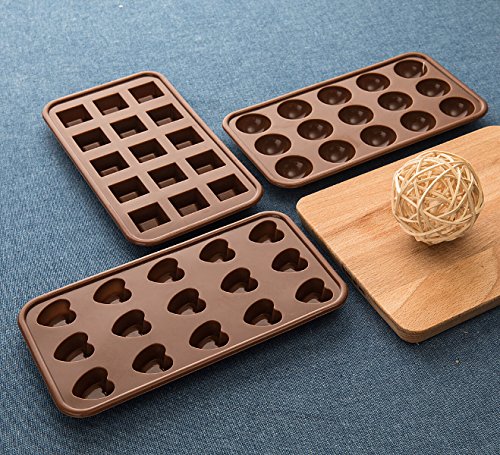 Aokinle Silicone Chocolate Molds,Non-Stick Candy Molds,BPA Free,Mini Ice Tray Molds,Square,Hearts&Round Baking Molds Set of 3