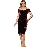 Xscape Womens Velvet Off The Shoulder Side Ruffle Ruched Knee Length Dress