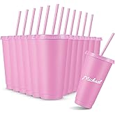Amyhill 12 Pcs Reusable Cups with Lids and Straws 24 oz Plastic Tumbler Iced Coffee Cup Travel Mug for Smoothie Juices Birthdays Sleepover Party Supplies for Girls (Light Pink)