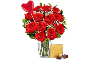 From You Flowers - One Dozen Red Roses + Heart Balloon + Chocolate with Glass Vase | Fresh Flower Bouquets for Birthday, Anniversary, Get Well or Celebration