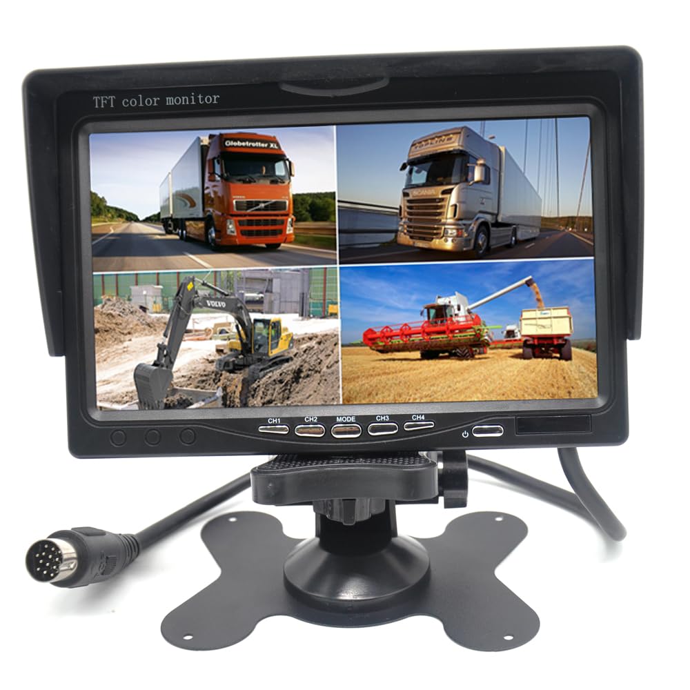 Pardarsey 7" TFT LCD Car Rearview Quad Split Monitor,Remote Control, 4 Channels RCA Video Inputs(4-PIN Shockproof Connector) - 12V-24V 800×480HD Screen w/Sunshade Anti-Glare