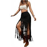 WDIRARA Women's Fringe Bodycon Skirts High Waisted Tassel Suede Western Cowgirl Maxi Skirts
