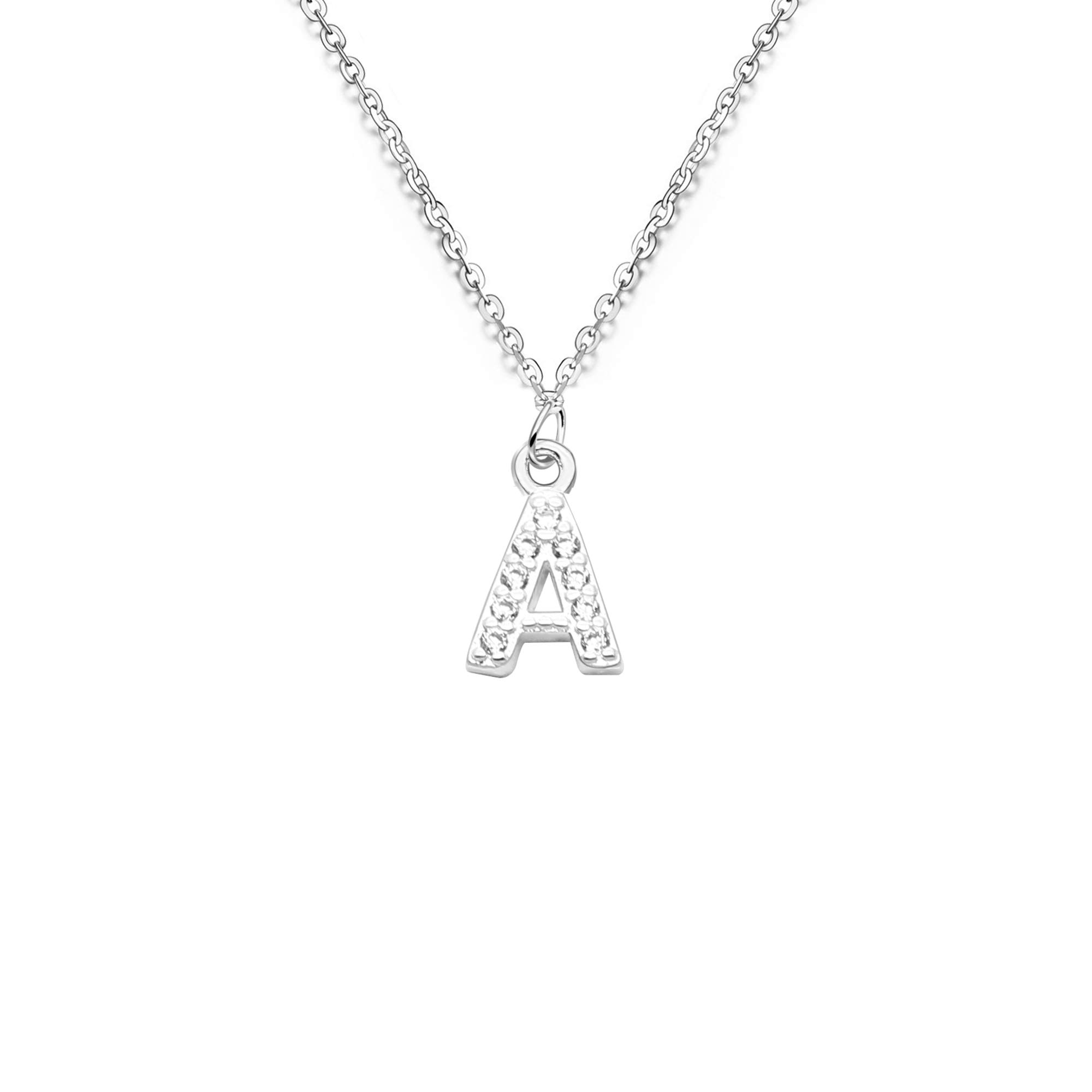 bifriend S925 Silver A-Z 26 Initial Crystal Pendant Chain Choker Necklace For Women Lady Girl (A)