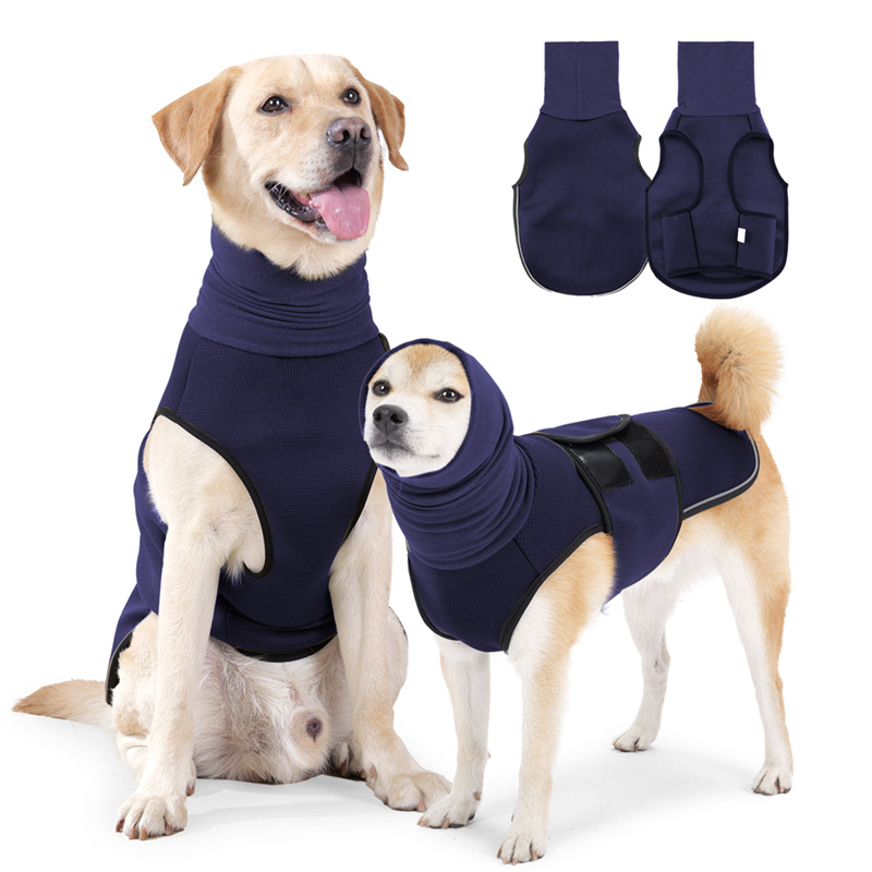 Yanmucy Dog Calming Coat with Snood 2 in 1 Anxiety Relief Adjustable Jacket with Hoodie Ear Muffs for Nervous Dogs (Blue, L)