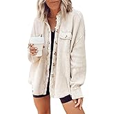 utcoco Women's Casual Waffle Knit Shacket Jacket Loose Fit Long Sleeve Button Down Shirt Shacket Top