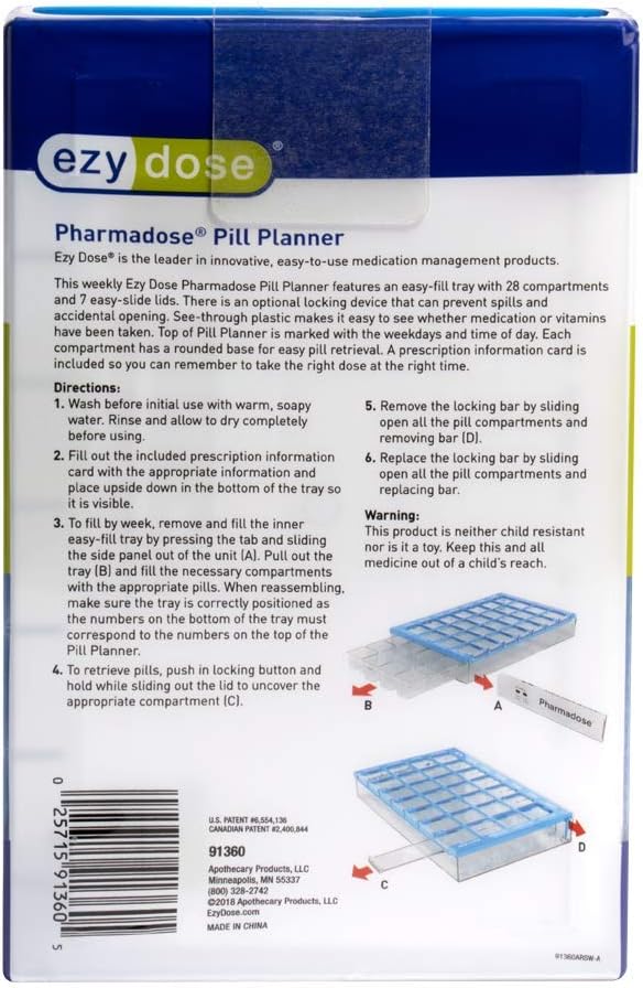 Ezy Dose (7-Day) Pill, Medicine, Vitamin Organizer Box | Weekly, 4 Times a Day, AM PM | Medium Compartments | Clear Lids: Health & Personal Care