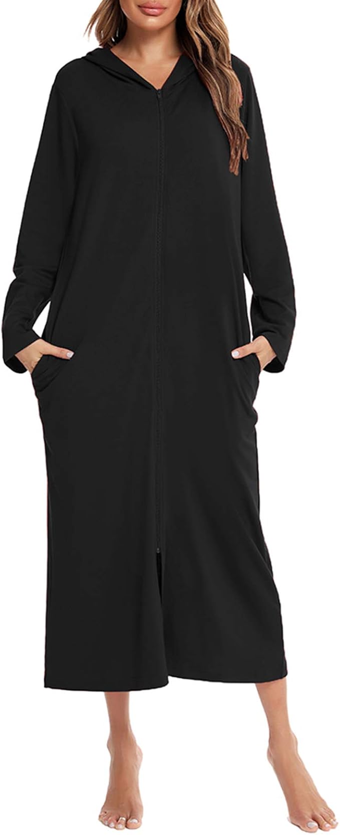 Walmeck Women Winter Nightgown Hooded Pocket Zip Up Long Sleeve wear