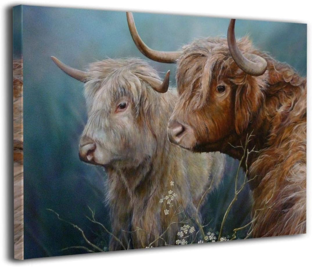 ExcelPic Two Highland Cows Daisy Flowers 8"x12" Canvas Wall Art Prints