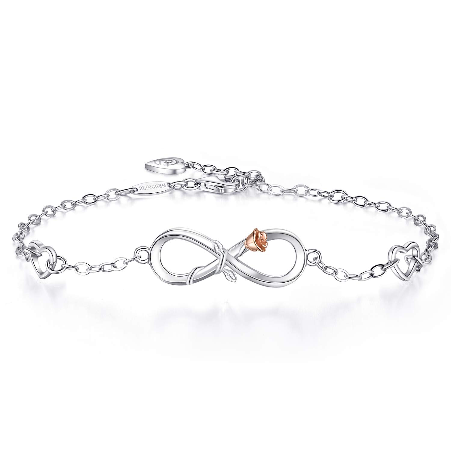 BlingGem Women Infinity Rose Bracelet 925 Sterling Silver White Gold-Plated Rose Gold Flower Charm Bracelet Gift for Women