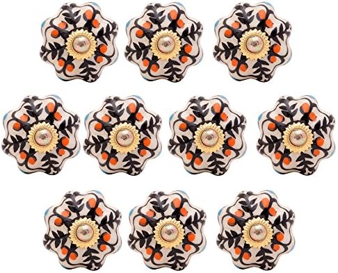 KNOBS CART's White Moroccan Floral Designed Ceramic Door Knob (4x2.25x2.25) Pack of 10 Off-white Colored Knob