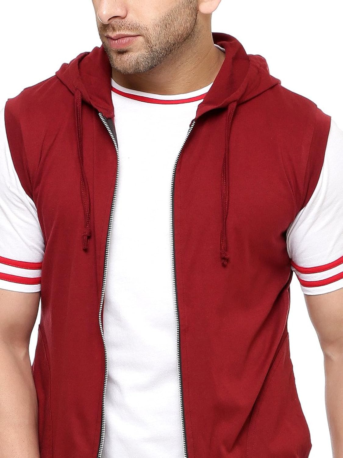 gritstones stylish maroon cut sleeve hooded jacket
