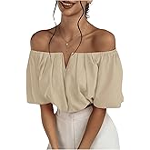 SOLY HUX Women's Off Shoulder Short Sleeve Ruched Crop Tops Blouse