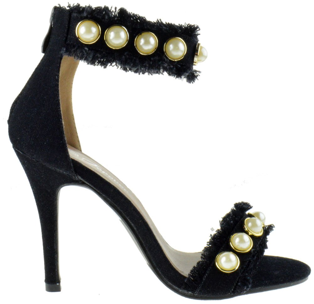 Forever Link Quince 17 Womens Pearl Distressed Denim Open Toe Stiletto Heel Sandals - Image 3