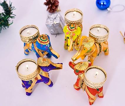 Wings Mart Tealight Candle Holder for Home Decor, Diwali Gift, Candle Diya, Candle for Birthday, Diwali, Festival Decoration 3.5 Hour Burning Time (Chundri Elephant Candle Pack of 5)