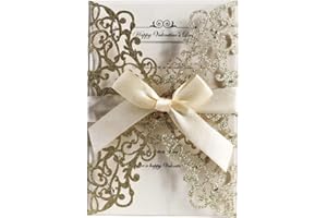 AdasBridal 50Pcs Glitter Floral Laser Cut Wedding Invitation Cards with Envelope Blank Inner Sheet and Ribbon for Wedding Eng