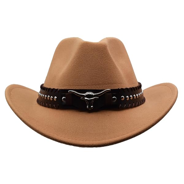IFSUN UNISEX WESTERN COWBOY HAT FUR FELT COWGIRL HATS WIDE BRIM WITH BELT BUCKLE BEIGE