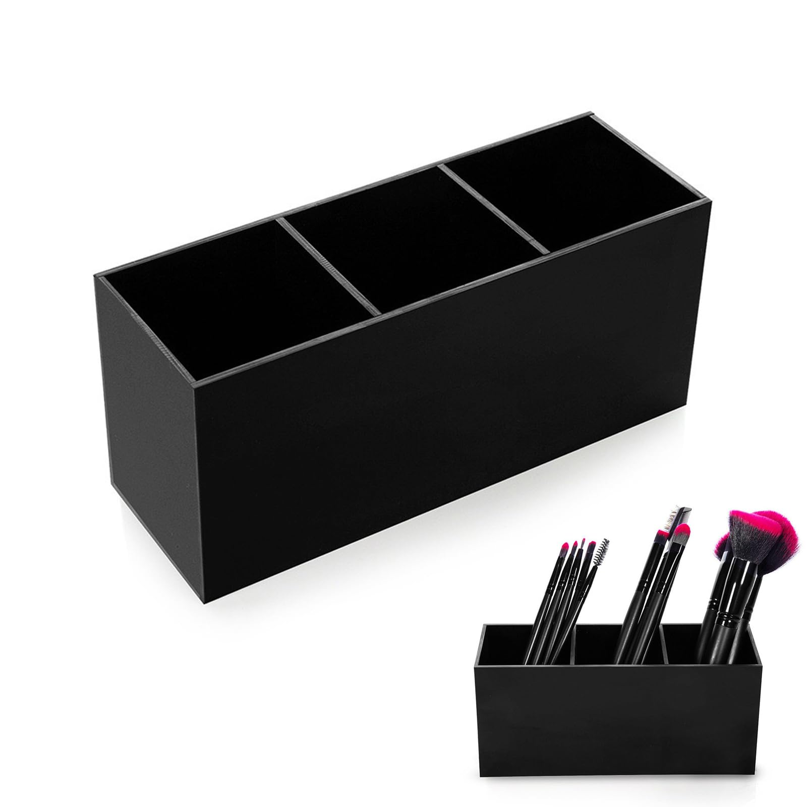 SJDOFU Cosmetic Organiser, Makeup Brush Container, 3-Compartment Acrylic Cosmetic Brush Holder, Black