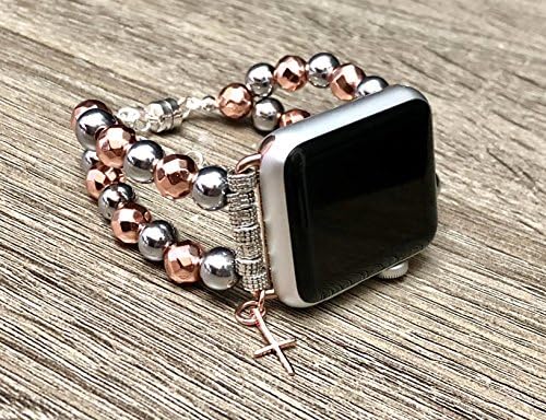 Two Toned Luxury Bracelet For Apple Watch Series 1 2 &amp; 3 Handmade Rose Gold &amp; Silver Hematite Beads Apple Watch Band Fashion Design Jewelry Wristband Rose Gold Slim Cross Charm