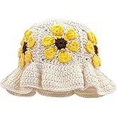 Ahouws Crochet Bucket Hat for Women Flower Knit Hat Hollow Out Foldable Cap Hats