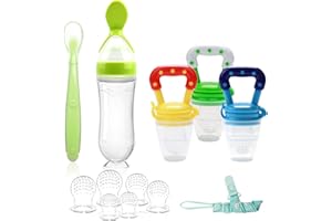 WAJIAYON Food Feeder for Baby, Fruit Feeder Pacifier (3 Pcs) with 6 Different Sized Silicone Pacifiers 1 PCS Silicone Baby Food Dispensing Spoon 90ML with 1 PC Baby Spoons 1 PC Pacifier Clip Baby Feeding Set
