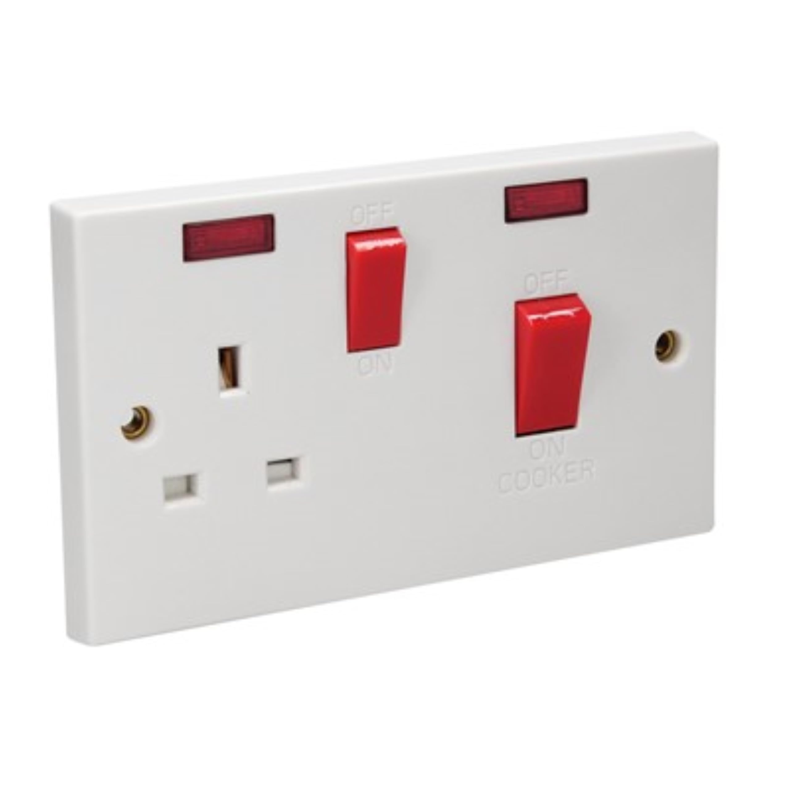 STATUS Cooker Switch with Socket | 45A 1 Gang Cooker Switch | White Plastic with 2 Neon Light Indicators | S1G45ACSX5