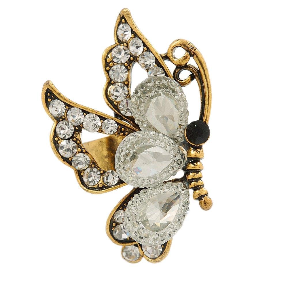 Avalaya Clear Crystal Butterfly Ring In Antique Gold Metal - Adjustable - Size 7/8