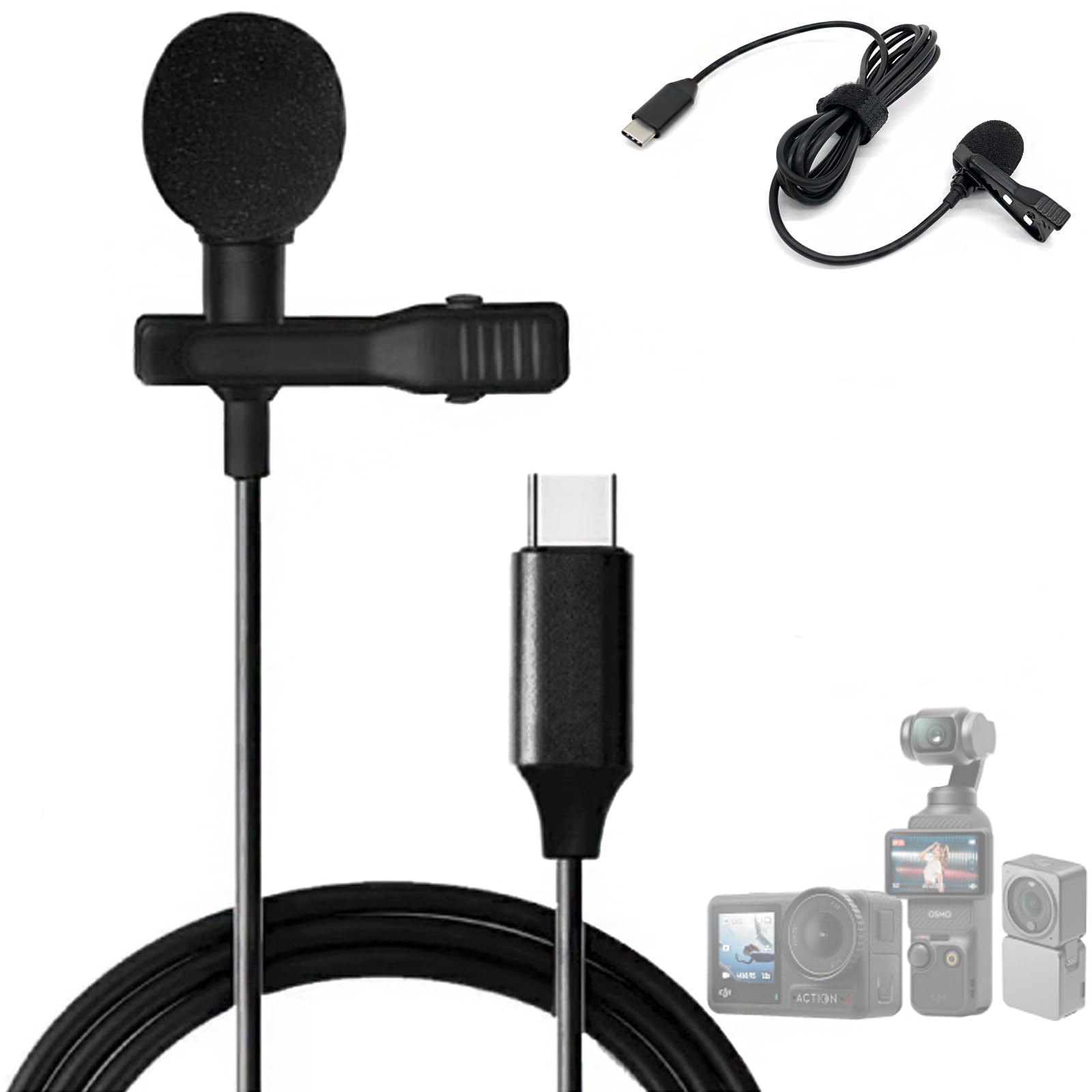 Honbobo Osmo Pocket 3 Microphone compatible with DJI Osmo Pocket 3/DJI Osmo Action 4 Type-C Lavalier Microphone External Hi-Fi Recording Mics