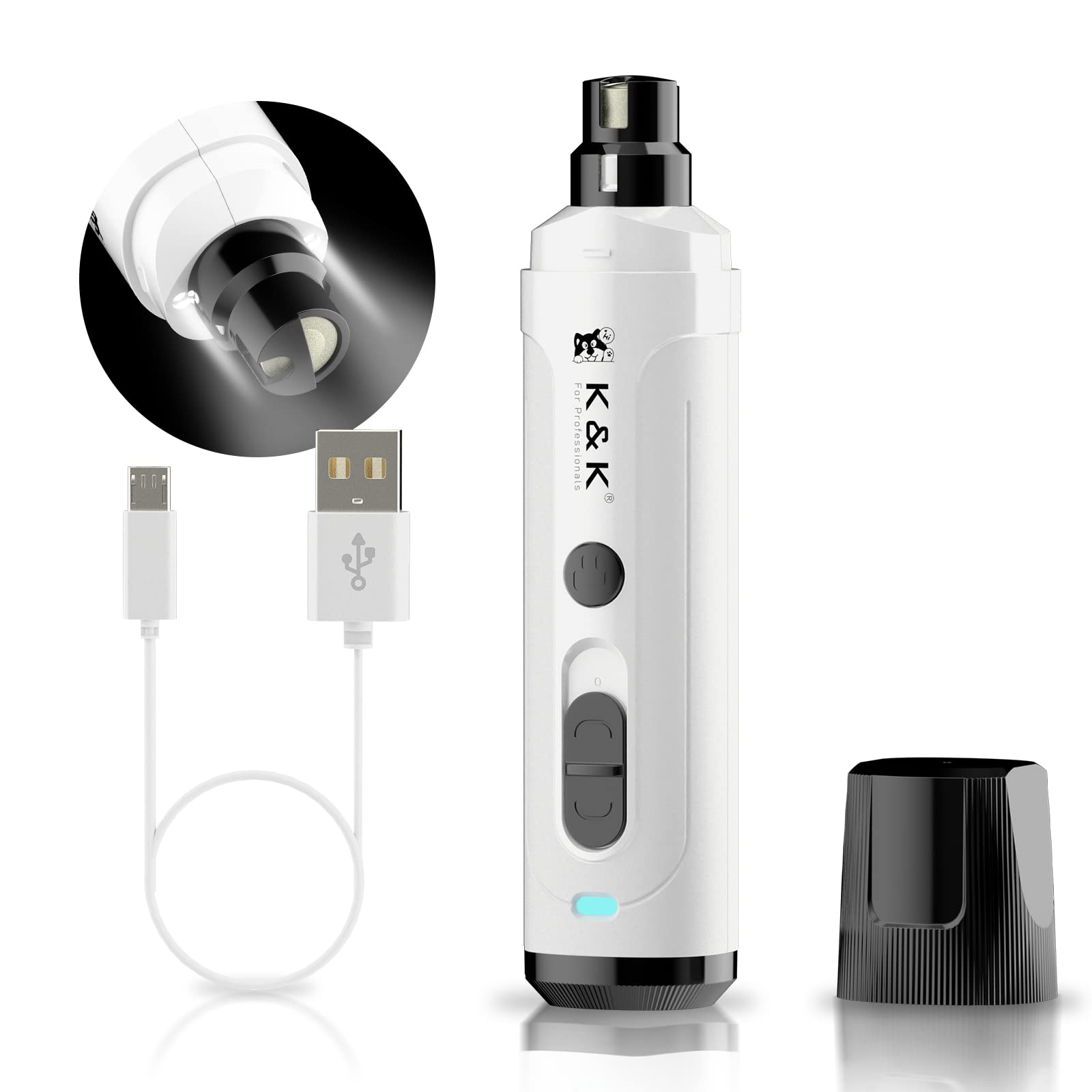 K&K Dog Nail Grinder, Professional 2-Speed Electric Pet Nail Trimmer, LED Light, for Small Medium Large Dogs, Cats (Black) (White)