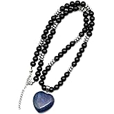 ElisaJewelryArt - Natural Amethyst Heart Pendant Black Onyx Stone Beaded Necklace Genuine Gemstone Ancient Stone Clasp Closure Necklace Unisex Necklace