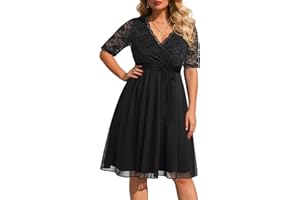 Pinup Fashion Plus Size Lace Chiffon Wrap V Neck Dresses Women Cocktail Wedding Guest Midi Dress