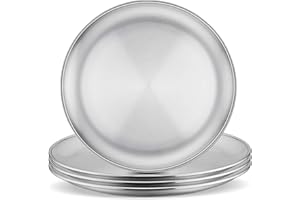 Stainless Steel Plates Set of 4, E-far 8-inch Metal Dinner Plates for Kids Toddlers, Great for Self-feeding/Picnic/Outdoor Ca