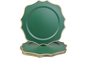 Omuriko Green Chargers for Dinner Plates, 13 Inch Scalloped Plastic Decorative Table Charger Service Plates Set of 6 for Wedd
