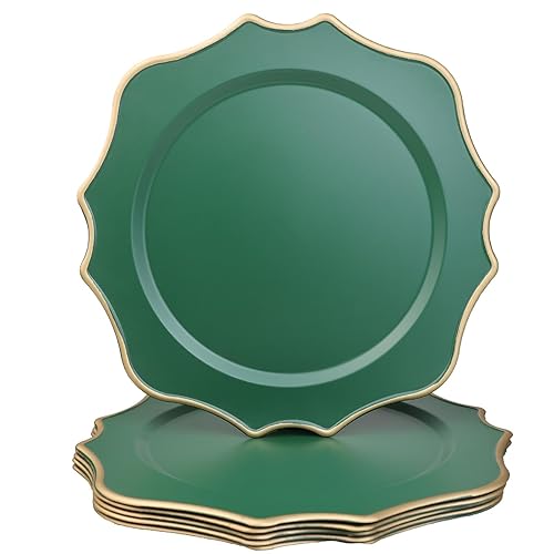 Omuriko Green Chargers for Dinner Plates, 13 Inch Scalloped Plastic Decorative Table Charger Service Plates Set of 6 for Wedding, Holiday, Thanksgivng, Christmas
