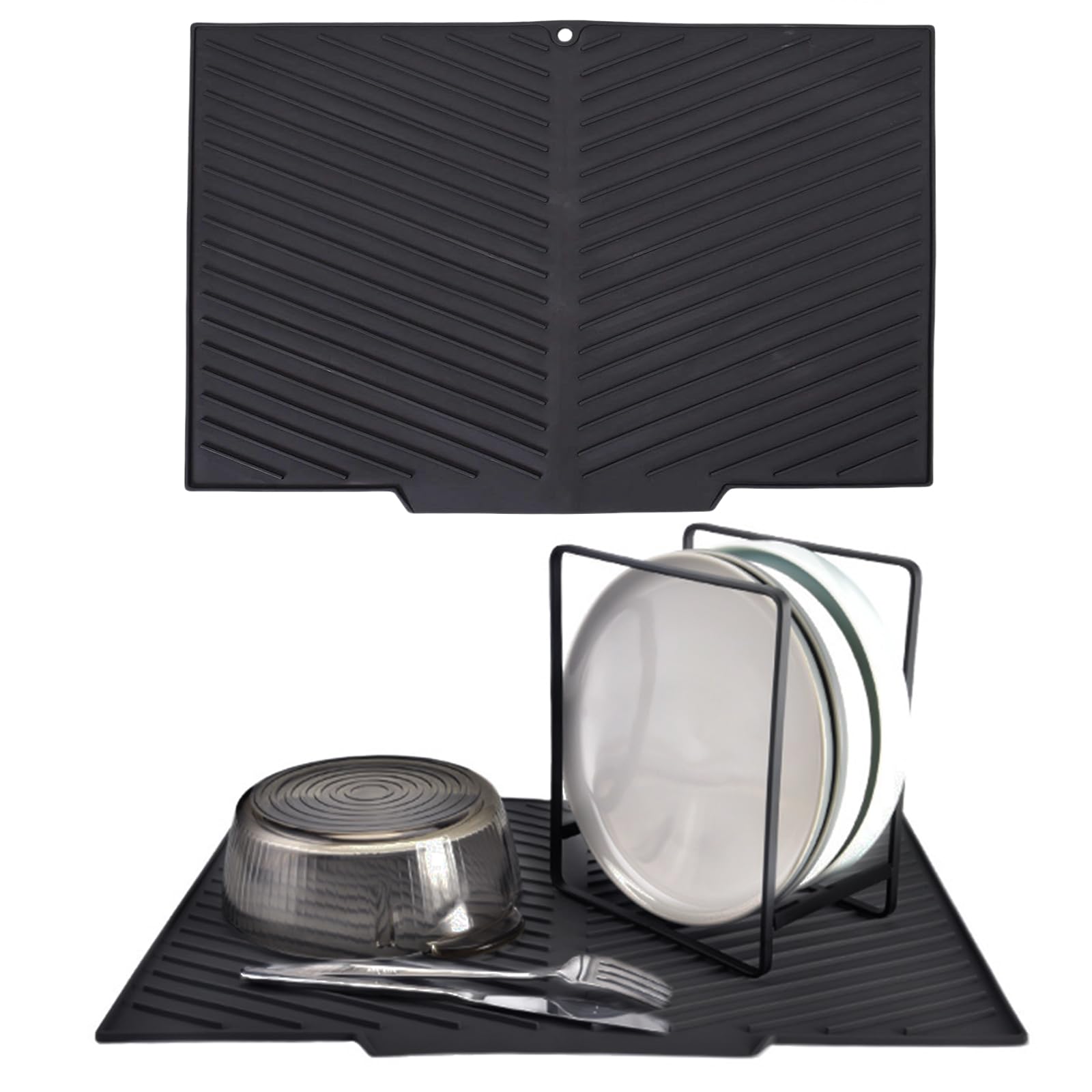 Echehi Dish Drying Mat with Built-in Drain Lip, 43.3 x 30 cm V-shaped Dish Drainer Mat with Non-slip Design, BPA-free and Easy to Clean. Black