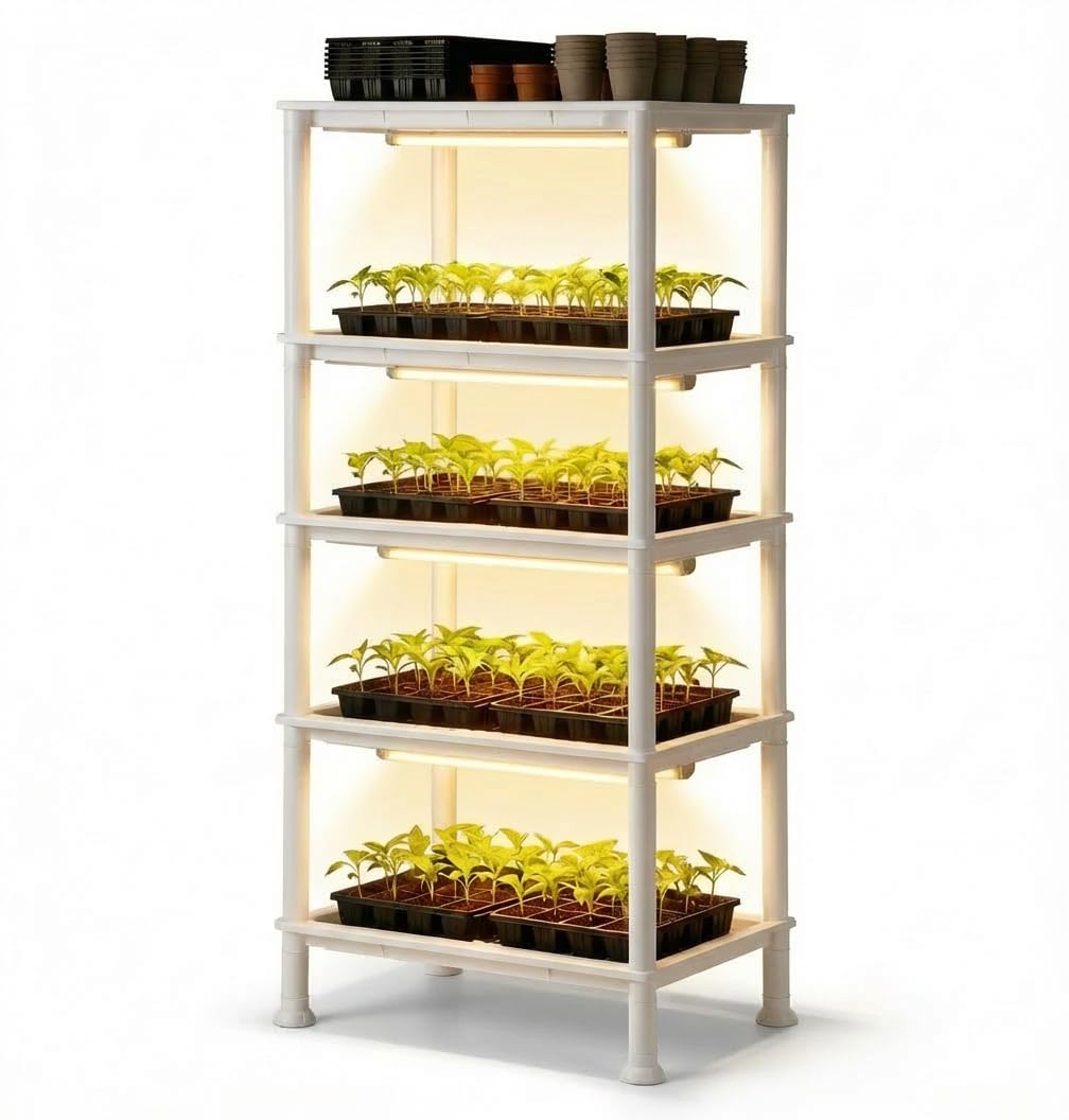 Photo 1 of RooTrimmer 5-Tier Seed Starter Trays Plant Stand with LED Grow Light (Auto-Timer), Bottom Watering Designed for Indoor Greenhouse Plants, Fits Small Pots & Seedling Cell Trays - White