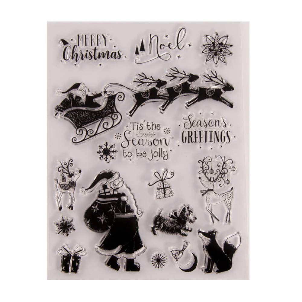Merry Christmas Tis the Season Elk Santa Sleigh Snowflakes Gifts Christmas Decors Leaves Clear Stamps for Christmas Cards Making Decoration and Scrapbooking Rubber Stamps for Craft
