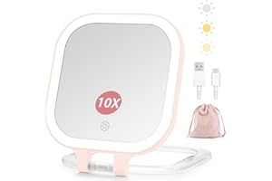 DESCHEN Rechargeable Travel Makeup Vanity Mirror with Lights and Magnification, Portable 1X/10X Magnifying Mirror with 3 Color Light, Lighted Makeup Mirror with Magnification Folding LED Desk - Pink