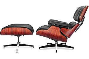 ENZEES Top Black Grain Leather, Mid Century Chaise Lounge Chair and Ottoman, Modern Chair Classic Design, Red Rosewood, Heavy Duty Base Support for Living Room Study Lounge Office